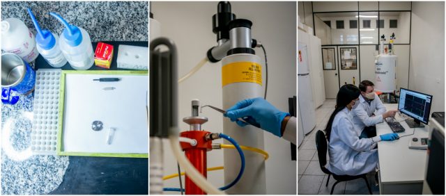 Fases da testagem do álcool gel no Laboratório de RMN da UFPR: preparação das amostras; uso do espectômetro de massas; e a análise encaminhada pelo aparelho. Na última foto, a pesquisadora Maria de Fátima Santos e o professor Andersson Barison