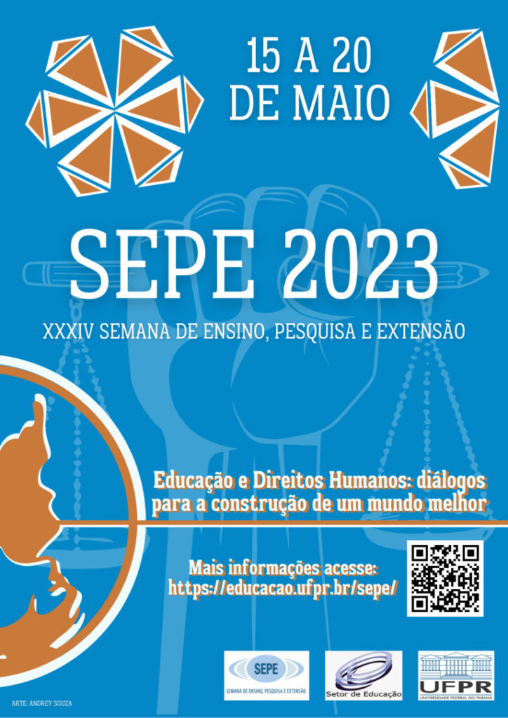 Cartaz de divulgação da XXXIV Semana de Ensino, Pesquisa e Extensão do setor de Educação, com fundo azul, letras em branco e imagens decorativas em branco e marrom.