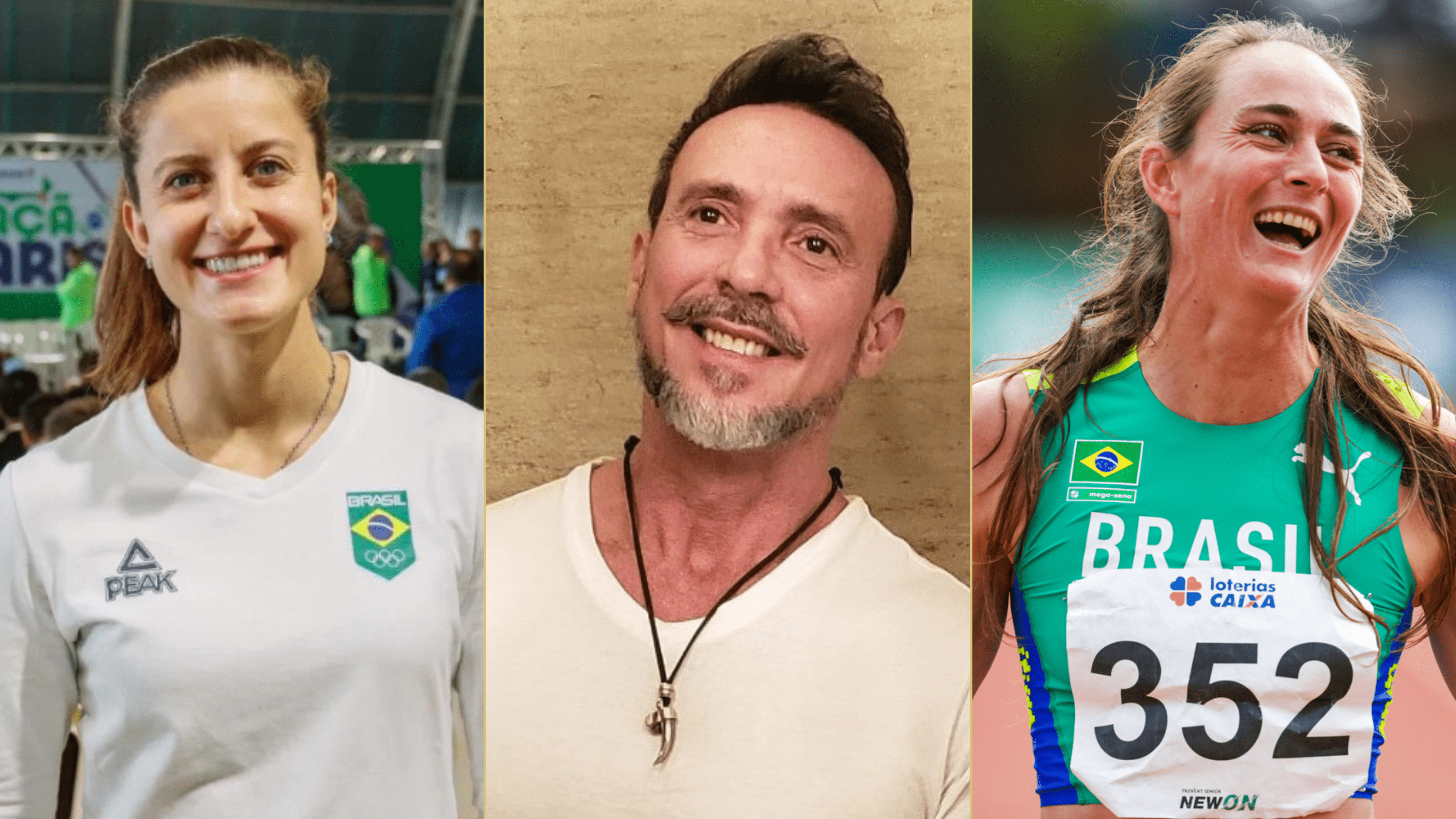 Da esq. para a dir.: Isa Abreu; Rhony Ferreira; e Flávia Lima. Fotos: Instagram @isaabreu22/Reprodução; Instagram @rhonygym1/Reprodução; Wagner Carmo/CBAt/Divulgação