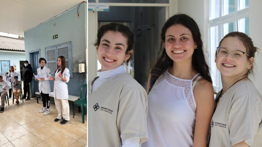 Atividade do Saúde em Ação em posto de saúde; e as bolsistas de extensão Eduarda Cirino, Fernanda Birolo e Giovana Martins. Fotos: Arquivo Pessoal